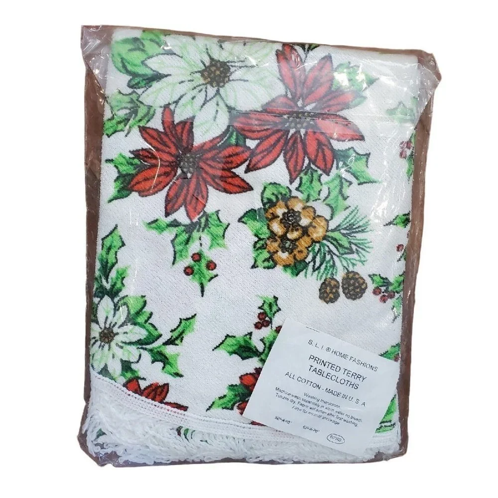 Vintage Retro Christmas Poinsetta Terrycloth Fringe‎ Trim Round Tablecloth 60 In